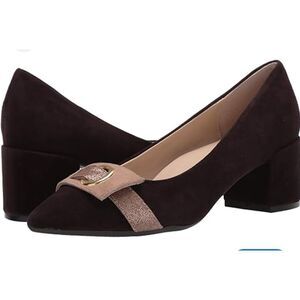 Bettye Muller 8 Brown Tan Suede Block Heel Shoes Gold Hardware NWOB NEW Leather